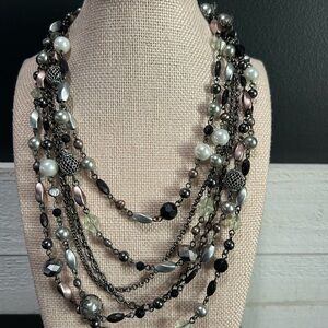 Lia Sophia Multi-Strand Statement Necklace | Mixed Beads & Gunmetal Tone